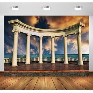 Greek Ruins Backdrop, 6 x 8,Greek Columns Against Sea and Sky Historical Site